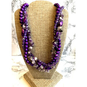 Purple Faux Pearl AB Bead Necklace Quartz Chips 80's Core Bold Adjustable Twist.